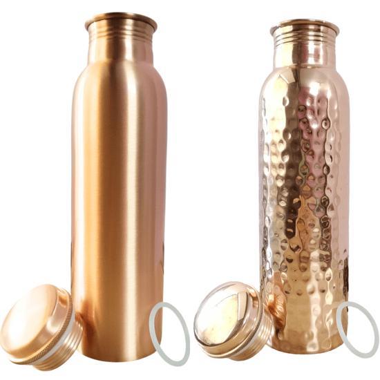 Set of 2 Hammered Copper Water Bottles – Plain Finish, 32.5 oz (950 mL) Each – Wellness Lifestyle